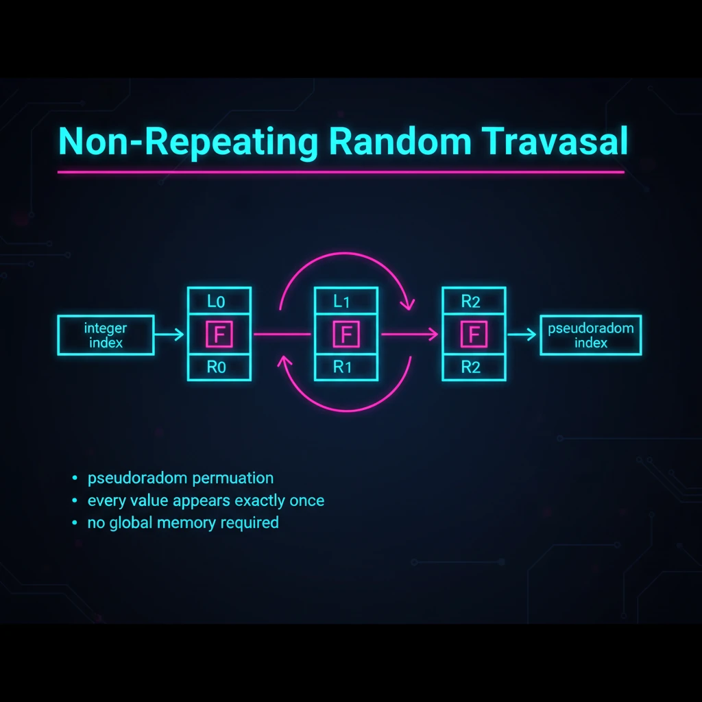 Non-repeating random traversal